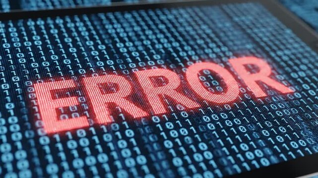 This captures a close-up of a computer screen displaying a sea of code with a prominent error message in red, set against a dark background with blue binary code, highlighting technical difficulties
