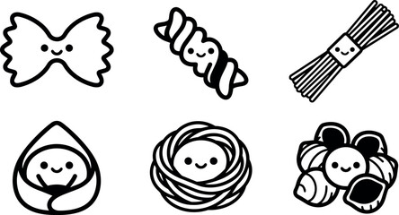 Fototapeta premium Cute black and white pasta doodles with faces in vector art style