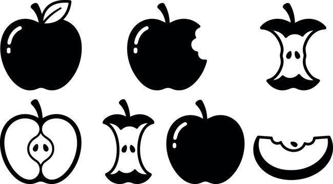 Black and white apple icons with whole bitten and sliced designs vector art