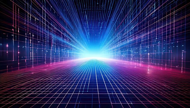 Tunnel de donn&eacute;es futuriste avec des tra&icirc;n&eacute;es lumineuses bleues et violettes repr&eacute;sentant la vitesse num&eacute;rique et le cyberespace.