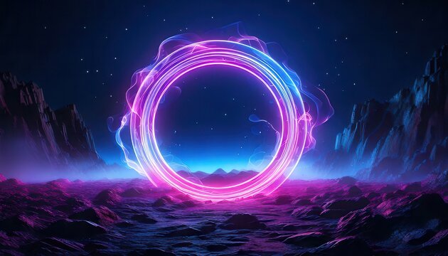 Un portail cosmique circulaire brillant avec des n&eacute;ons magenta et bleus au milieu d'un paysage d&eacute;sertique rocheux sous un ciel &eacute;toil&eacute;.