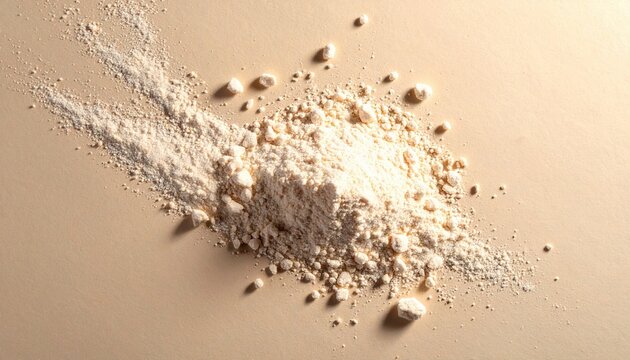 Vista superior de p&oacute; fino espalhado com pequenos torr&otilde;es sobre fundo bege, representando ingredientes naturais, farinha ou maquiagem mineral.