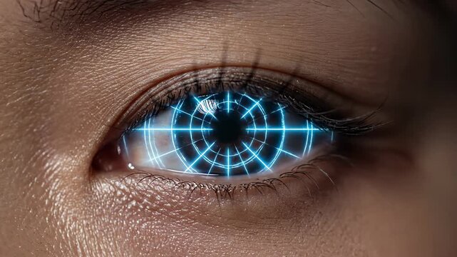 This shows a close-up of a person's eye with a futuristic blue grid pattern superimposed over the iris, illustrating advanced face recognition technologies and biometric identification systems.