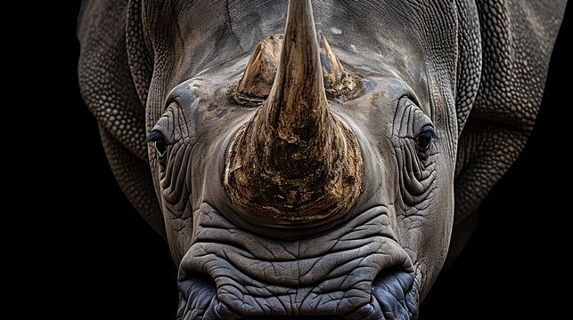 Intense Close Up Front View of a Rhinoceros Head with a Sharp Horn