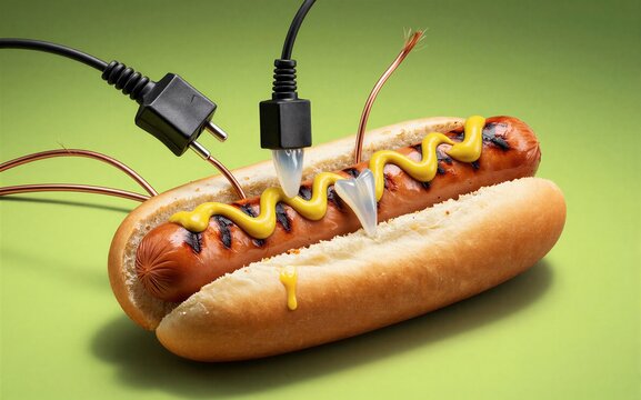 Electric hot dog with wires and plugs surreal food tech concept on