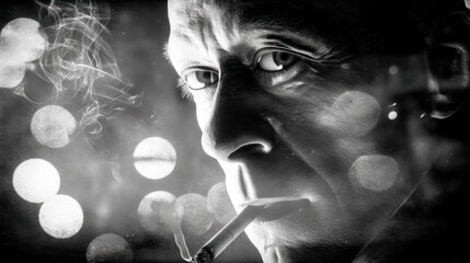 Fototapeta premium Dramatic black and white portrait of a person smoking a cigarette