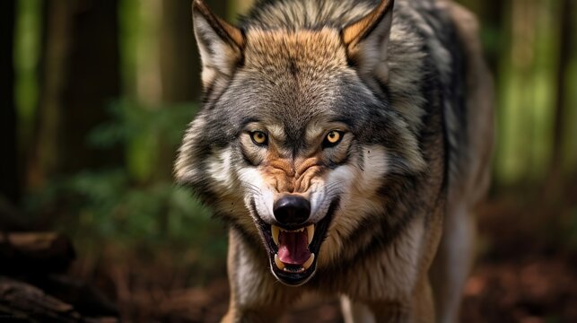 Intense close-up of a snarling gray wolf baring teeth in a dense forest setting