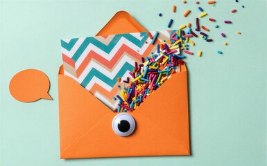 Obraz premium Colorful sprinkles burst from an orange envelope with a googly eye