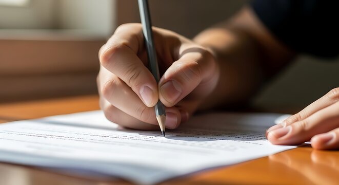 Close-up of male student hand holding pencil and writing on exam paper at desk. Soft natural light, focused study moment, education and academic test concept.