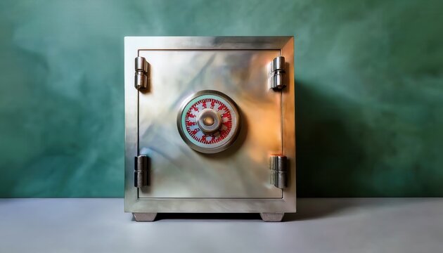 Cofre met&aacute;lico vintage com fechadura de combina&ccedil;&atilde;o num&eacute;rica em destaque sobre superf&iacute;cie cinza e fundo verde esfuma&ccedil;ado para prote&ccedil;&atilde;o de bens.