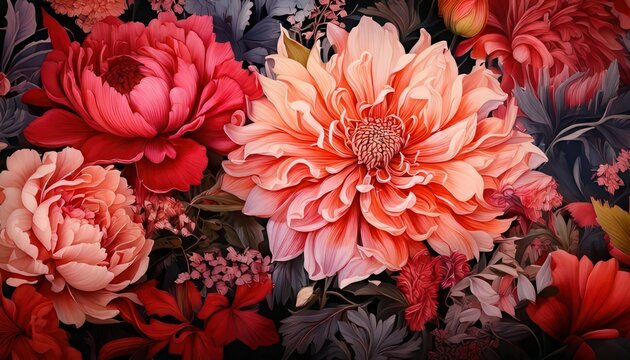 Composition florale artistique avec de grandes dahlias corail et des pivoines rouges sur un fond de feuillage sombre et myst&eacute;rieux &eacute;l&eacute;gant.