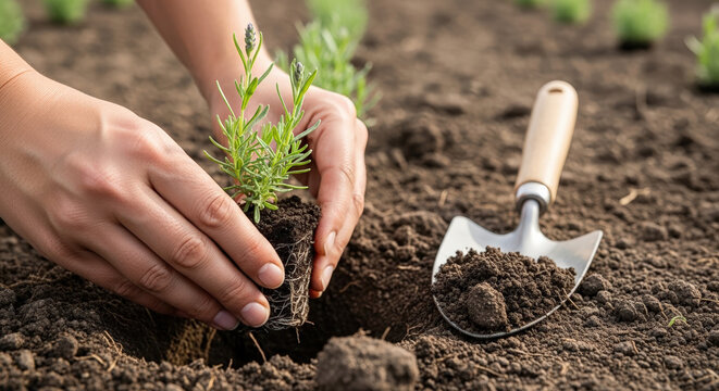 A gardener with a focused expression planting a seedling into the soil using a hand shovel in a vibrant field of young plants