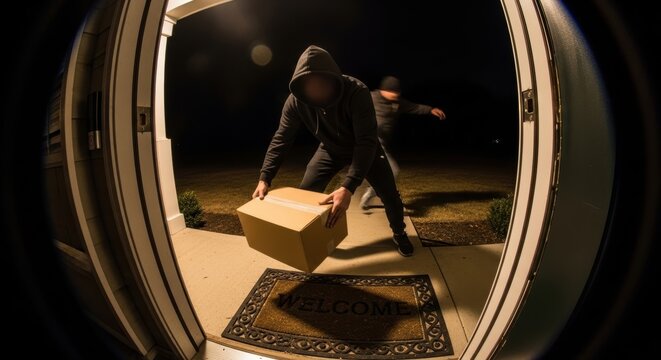Man stealing package from porch at night captured by doorbell camera. Crime and property theft concept. Criminal running away with parcel after porch piracy on residential home entrance.