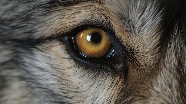 Intense Close-Up Portrait of an Amber-Eyed Canid Surrounded by Graying Fur