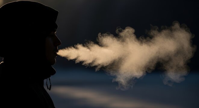 Man in hood exhaling visible warm breath in sub-zero temperature. Cold weather concept. Frosty winter morning outdoor portrait of guy. Freezing atmosphere and human respiration detail.