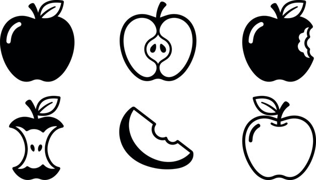 Black and white simple apple icons with whole half bitten and core views