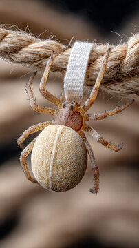 Detailed close-up of an orb-weaver spider hanging from a rope