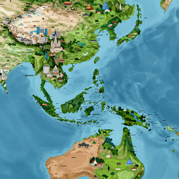 Cartoon Ocean Polynesia. Green-Highlighted Map Showcases Countries And Territories Of The Asia-Pacific Region Bordering The Western Pacific Ocean