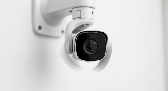 White security camera mounted on wall for surveillance. Modern dome cctv system for monitoring property and ensuring safety. Digital device for privacy protection and crime prevention.