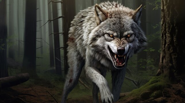 Intense snarling gray wolf prowling through a shadowy forest path at dusk