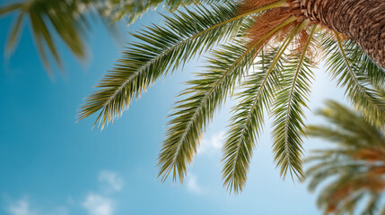 Fototapeta premium Sunny day with palm tree leaves against a clear blue sky
