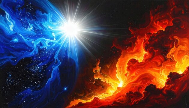 Batalha c&oacute;smica entre chamas vermelhas e ondas azuis com uma estrela radiante no centro, simbolizando o equil&iacute;brio entre calor e frio intenso.
