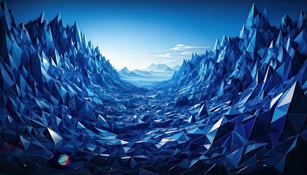 Paysage de montagne abstrait en style low-poly avec des cristaux bleus formant une vall&eacute;e profonde sous un ciel clair et lumineux et glac&eacute;.