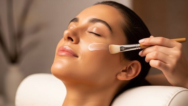 Woman enjoying facial treatment at spa, receiving skincare application with brush, relaxation and beauty.