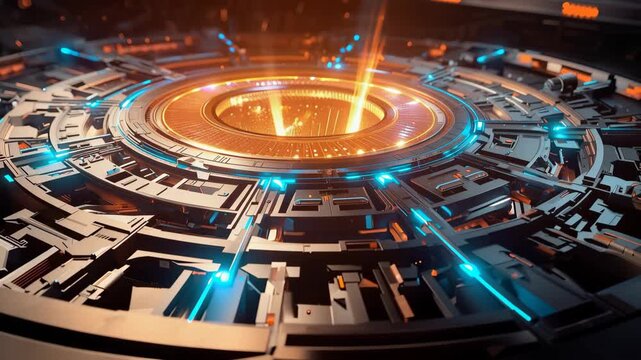 Glowing circular futuristic circuit hub orange core blue accents dynamic tech energy core