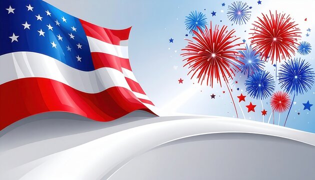 Feierliche amerikanische Flagge weht stolz neben bunten Feuerwerken vor einem festlichen Hintergrund, ideal f&uuml;r Unabh&auml;ngigkeitstag und nationale Feiern.