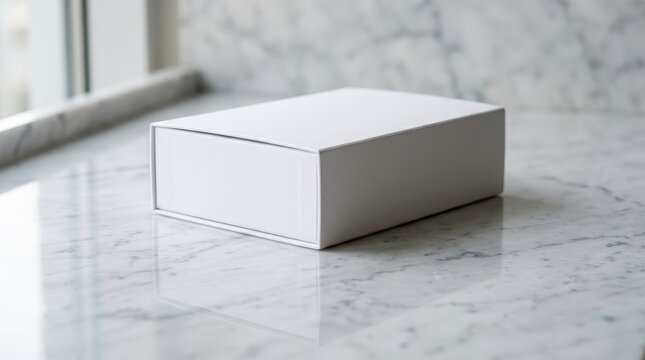 Minimalist white packaging box mockup on marble surface