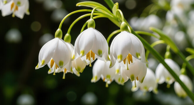Charming Japanese snowbell flowers in bloom with delicate white petals and yellow stamens hanging gracefully. Beautiful Japanese snowbell flowers create an enchanting atmosphere in the garden.