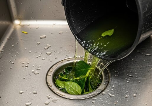 Water with green leaf pouring from black bucket into kitchen sink drain. Eco concept of waste management and environmental pollution. Household chore and plumbing maintenance scene.