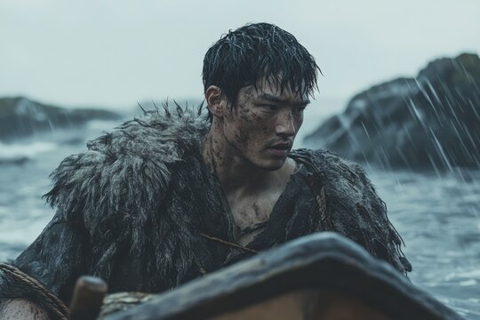 Un jeune guerrier asiatique v&ecirc;tu de fourrures navigue sur une barque dans une mer agit&eacute;e sous une pluie battante pr&egrave;s de c&ocirc;tes rocheuses.
