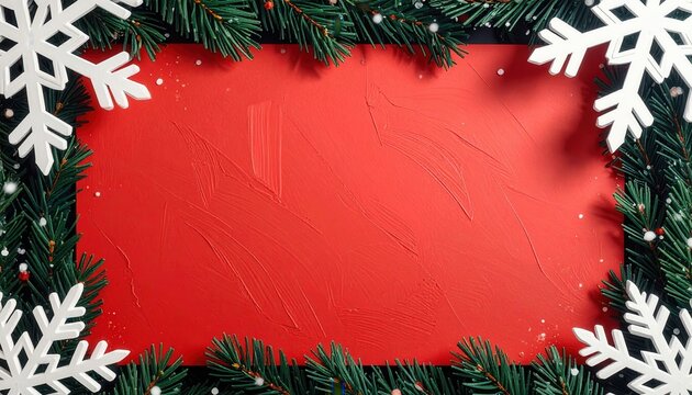 Festlicher roter Hintergrund umrahmt von gr&uuml;nen Tannenzweigen und wei&szlig;en Schneeflocken, ideal f&uuml;r weihnachtliche Botschaften.