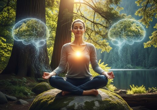 Woman meditating on forest rock with glowing holographic tree brains. Mental health, mindfulness and consciousness healing. Psychology concept of connection between nature and human mind.