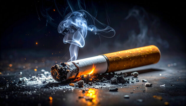 Burning cigarette with smoke and ashes