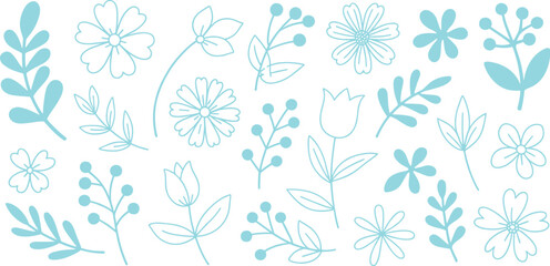 Fototapeta premium Light blue line art floral and leaf elements flower