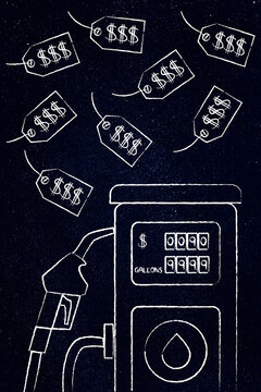 petrol pump with price tags concept of rising fuel costs and energy crisis