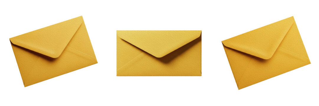 Three Elegant Golden Yellow Envelopes on White Background - Horizontal Trio of Premium Textured Stationery for Luxury Invitations, Festive Greeting Cards, and Corporate Branding