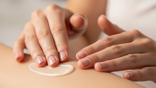 Close-up of hands applying a medical patch to the skin for treatment and care.