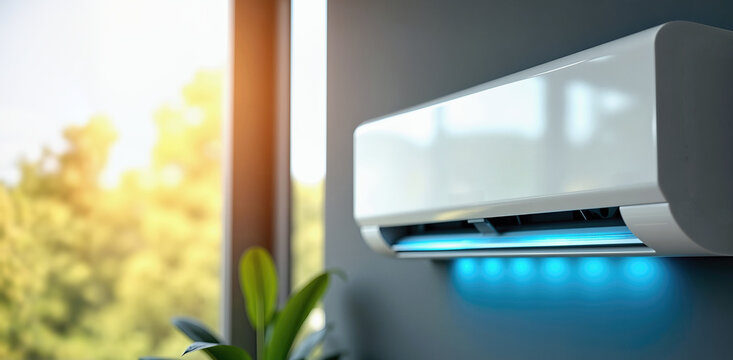 White split air conditioner with blue glow on a dark charcoal wall. Modern indoor cooling unit next to a sunny window