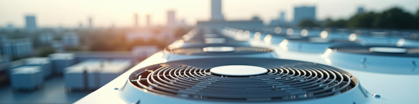 Repeating metallic condenser grilles of commercial air conditioning units on a rooftop. Industrial HVAC system against a bright hazy city skyline