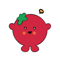 Cute red tomato character with big eyes and heart, lovely vegetable mascot vector illustration
