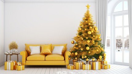 Fototapeta premium Luxurious Bright Living Room Decor With Golden Christmas Tree And Yellow Sofa
