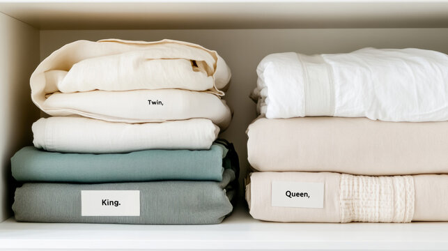 Efficient linen closet organization with neatly folded bedding for home interiors