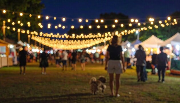 Pessoas passeando em um mercado noturno ao ar livre com luzes decorativas e barracas sob o c&eacute;u escuro em um festival comunit&aacute;rio.