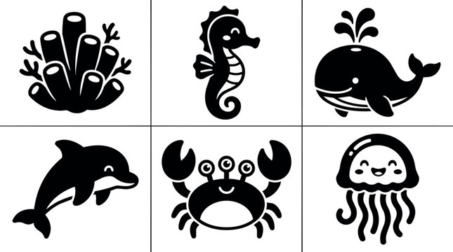 Black and white cute sea animals and coral vector illustration set