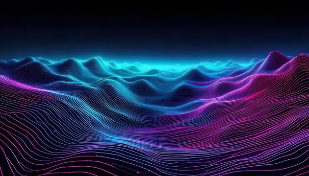 Abstrakte digitale Landschaft mit leuchtenden, wellenf&ouml;rmigen Linien in Neonblau und Violett, die futuristische Technologie und Datenvisualisierung darstellt.