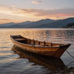 Fototapeta premium Biomechanical Boat Lake. Lake Sunset With A Boat On The Water